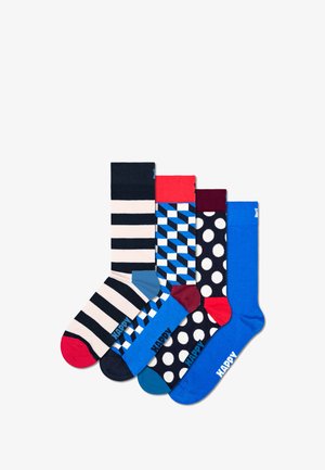 Fem par sokker med varierede mønstre: marineblå og kremstriber, geometrisk blå, røde og blå ensfarvede samt marineblå med hvide prikker.