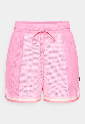 Růžové síťované šortky s pásem na stažení, s kontrastními bílými a světle růžovými pruhy na lemování a prodyšnou perforovanou tkaninou.