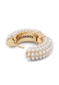 Gold-tone hoop earring adorned with small white pearls, featuring a smooth finish and engraved "ALLSAINTS" on the inner side.