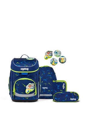 Blue and green geometric-patterned school backpack set with matching pencil case, drawstring bag, folder, and four soccer-themed badges.
