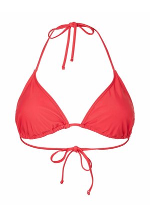 Red triangle bikini top with halter neck and back tie straps, smooth fabric and gathered detailing at the base of the cups.