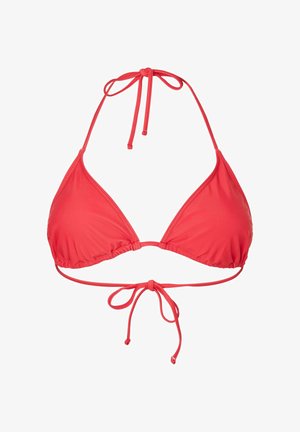 Red triangle bikini top with halter neck and back tie straps, smooth fabric and gathered detailing at the base of the cups.