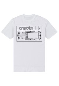 Hvid bomulds T-shirt med en sort linjetegning af en Citroën bil, med mærkenavnet og logoet i et rektangulært design.