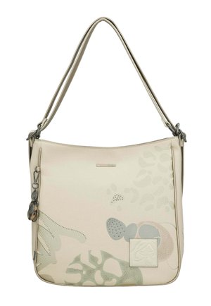 Sac à épaule beige avec motifs botaniques aux tons doux, étiquette de marque en métal et porte-clés décoratif attaché à l'anneau de la sangle.