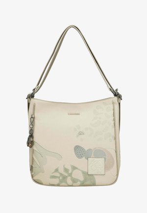 Sac à épaule beige avec motifs botaniques aux tons doux, étiquette de marque en métal et porte-clés décoratif attaché à l'anneau de la sangle.