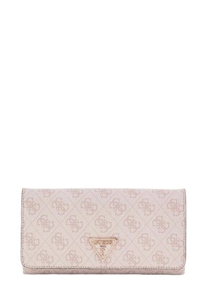 Portefeuille Guess rose clair avec motif monogramme et plaque logo triangulaire en métal sur le rabat avant.