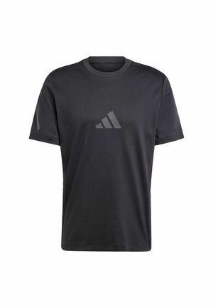 Sort tætsiddende kortærmet atletisk t-shirt lavet af blødt stof; har et tonalt, reflekterende logo på brystet og en rund halsudskæring.