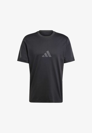Musthave musta lühikeste varrukatega sportlik T-särk, mis on valmistatud pehmest kangast; rinnaosale on kantud tooni järgi peegeldav logo ning ümara kaeluse disain.