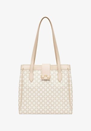 Borsa tote beige con un motivo testurizzato, manici doppi e una chiusura frontale piatta. Presenta un branding sottile in hardware tono oro.