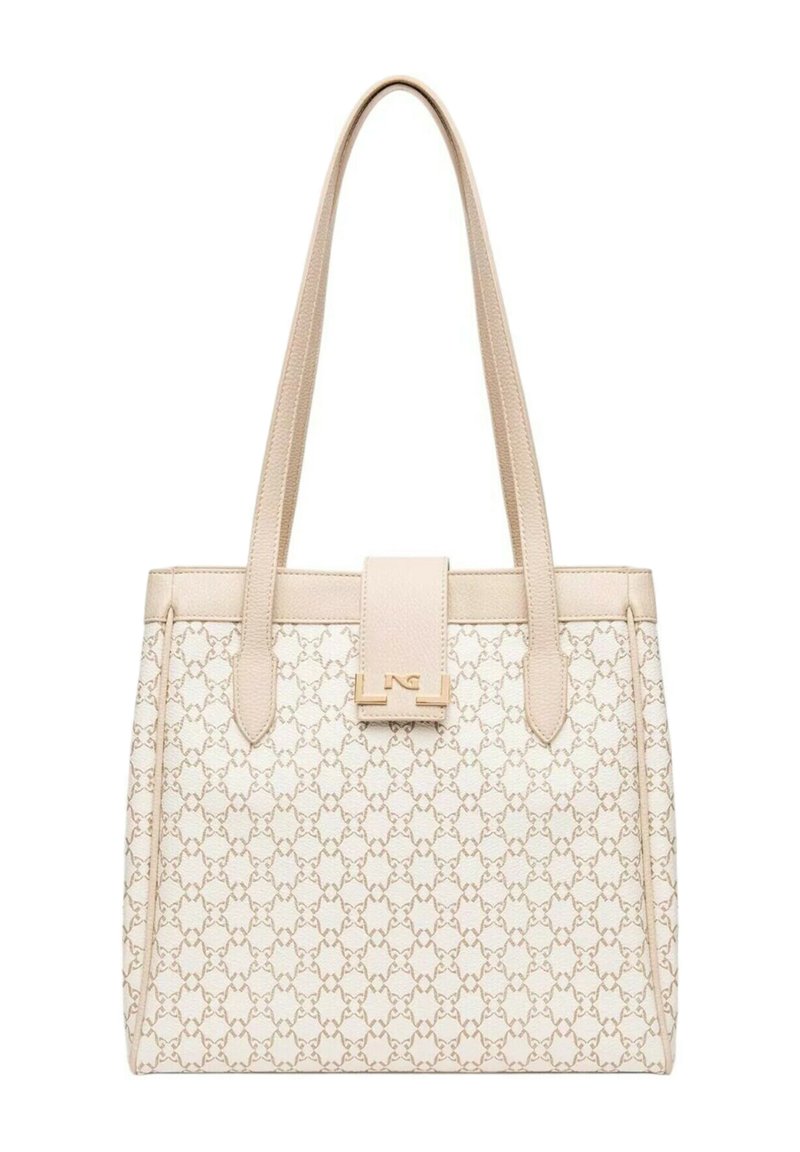 Borsa tote beige con un motivo testurizzato, manici doppi e una chiusura frontale piatta. Presenta un branding sottile in hardware tono oro.
