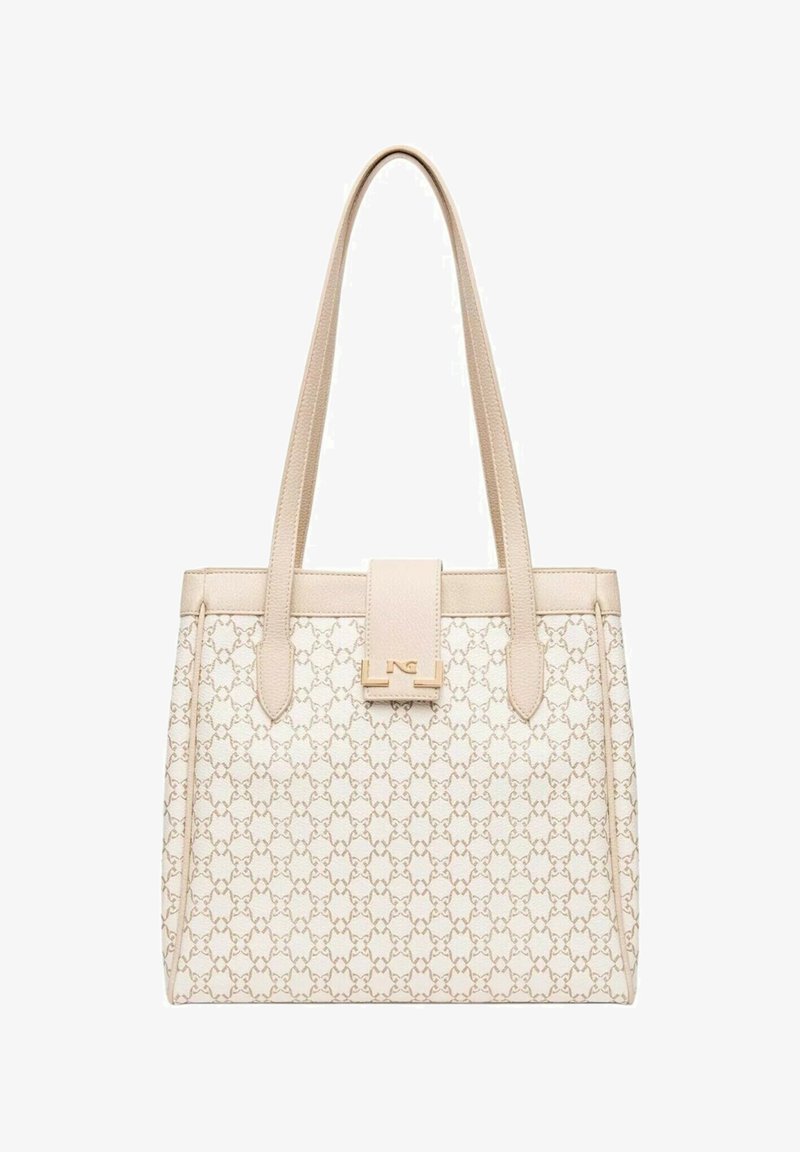 Borsa tote beige con un motivo testurizzato, manici doppi e una chiusura frontale piatta. Presenta un branding sottile in hardware tono oro.