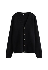 Černý pletený cardigan s výstřihem do V, dlouhými rukávy a šesti knoflíky vpředu. Měkká textura a volný střih.