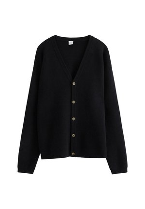 Schwarze Strickjacke mit V-Ausschnitt, langen Ärmeln und sechs Knopfverschlüssen an der Vorderseite. Weicher Stoff und lässige Passform.