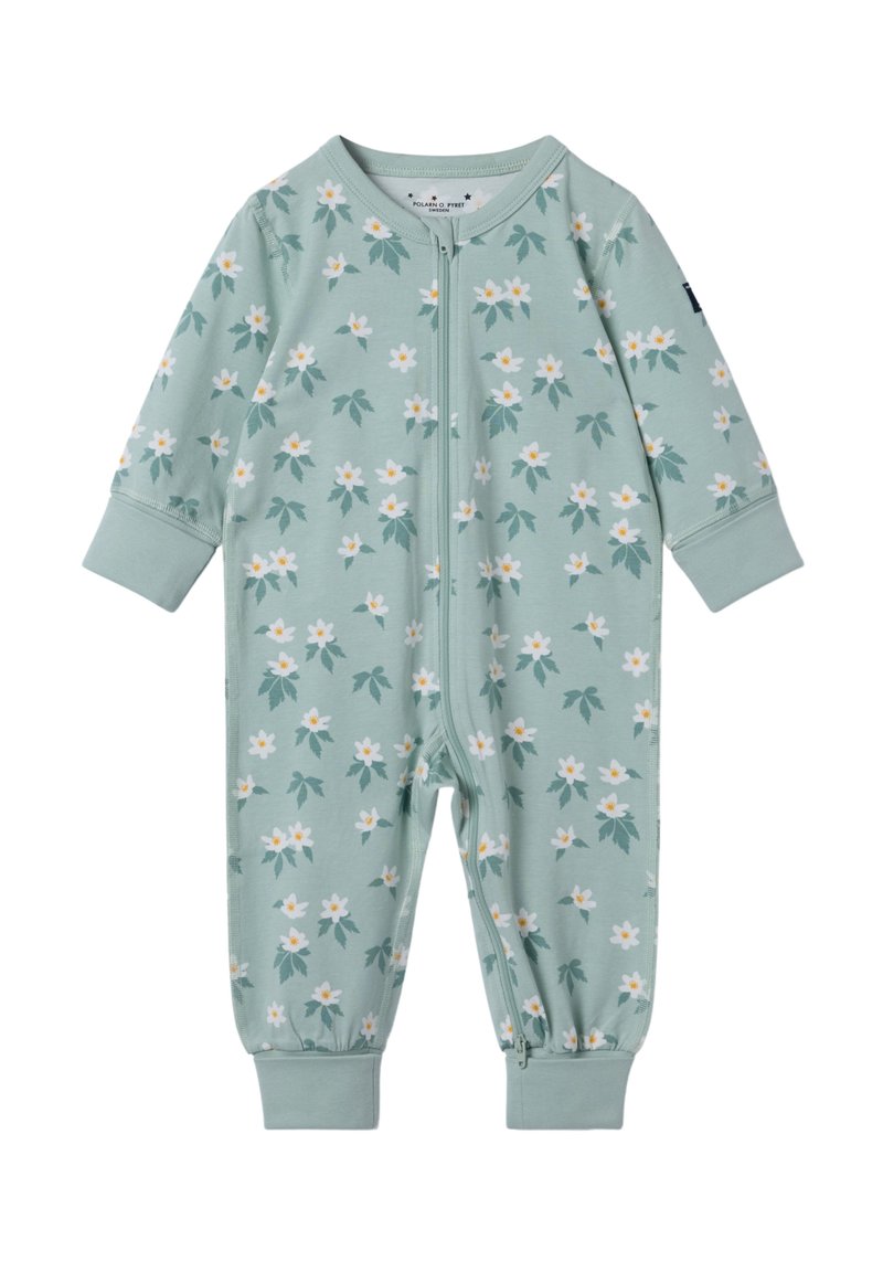 Helles grünes Overall mit floralem Muster, weißen Blumen und grünen Blättern. Full-Length-Zipper und elastische Bündchen. Weiche Stofftextur.