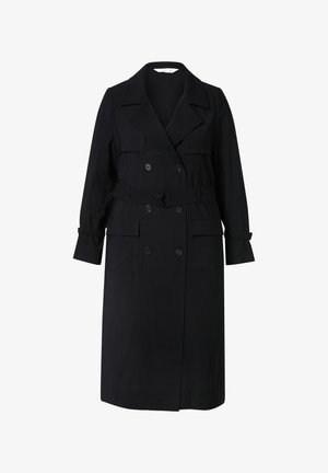 Zwarte trenchcoat van gladde stof, met een dubbelknoopsfront, grote zakken, een riem in de taille en een gekartelde kraag.