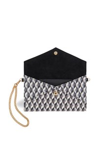 Geometric-patterned clutch with a black suede interior, gold hardware, and a chain strap. Features an envelope shape and snap closure.