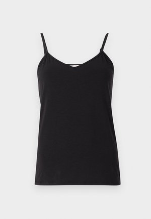 Czarny top na ramiączkach z cienkimi, regulowanymi paskami, dekoltem w szpic i prostym wykończeniem. Wykonany z miękkiego, lekkiego materiału o gładkiej fakturze.