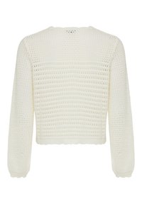 Maglione bianco lavorato a maglia con un design cropped, maniche lunghe e un motivo testurizzato che presenta tessitura aperta e linee orizzontali. Orlo scalloppato.