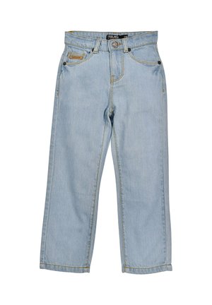 Helles blaues Denim-Jeans mit geradem Bein, Fünf-Taschen-Design, gelber Nähte und Knopfverschluss an der Taille.