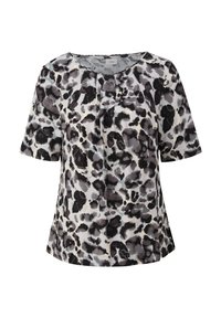 Kurzärmelige Bluse aus einem leichten Stoff mit einem schwarz-grauen Tiermotiv auf hellem Hintergrund, mit einem runden Halsausschnitt und Falten.