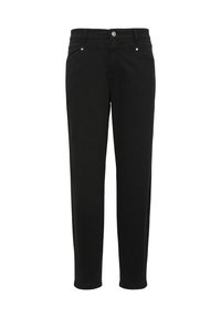 Jeans noirs en denim à coupe slim, avec une fermeture à boutons, des poches avant et des accents argentés minimalistes sur les poches.