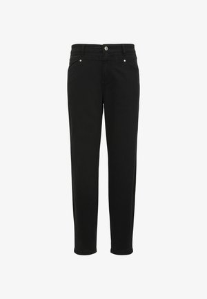 Mustad teksased, mis on valmistatud denimist ja millel on kitsas lõige, nupuvajutusega sulgus, esipocket'id ning minimalistlikud hõbedased aktsendid taskutel.