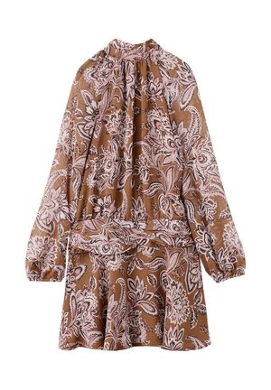 Vestido marrón de manga larga con estampado floral paisley en rosa y blanco, escote fruncido, puños elásticos y falda acampanada.