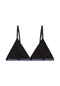 Bralette triangolare nero con spalline sottili e una cintura ampia che presenta il logo blu "Juicy Couture". Realizzato in tessuto morbido e elasticizzato.