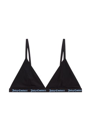 Zwarte driehoekige bralette met dunne bandjes en een brede band met het blauwe "Juicy Couture"-logo. Gemaakt van een zachte, rekbare stof.