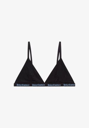 Schwarzer Triangel-Bralette mit dünnen Trägern und einem breiten Bund, auf dem das blaue "Juicy Couture"-Logo prangt. Hergestellt aus weichem, dehnbarem Stoff.