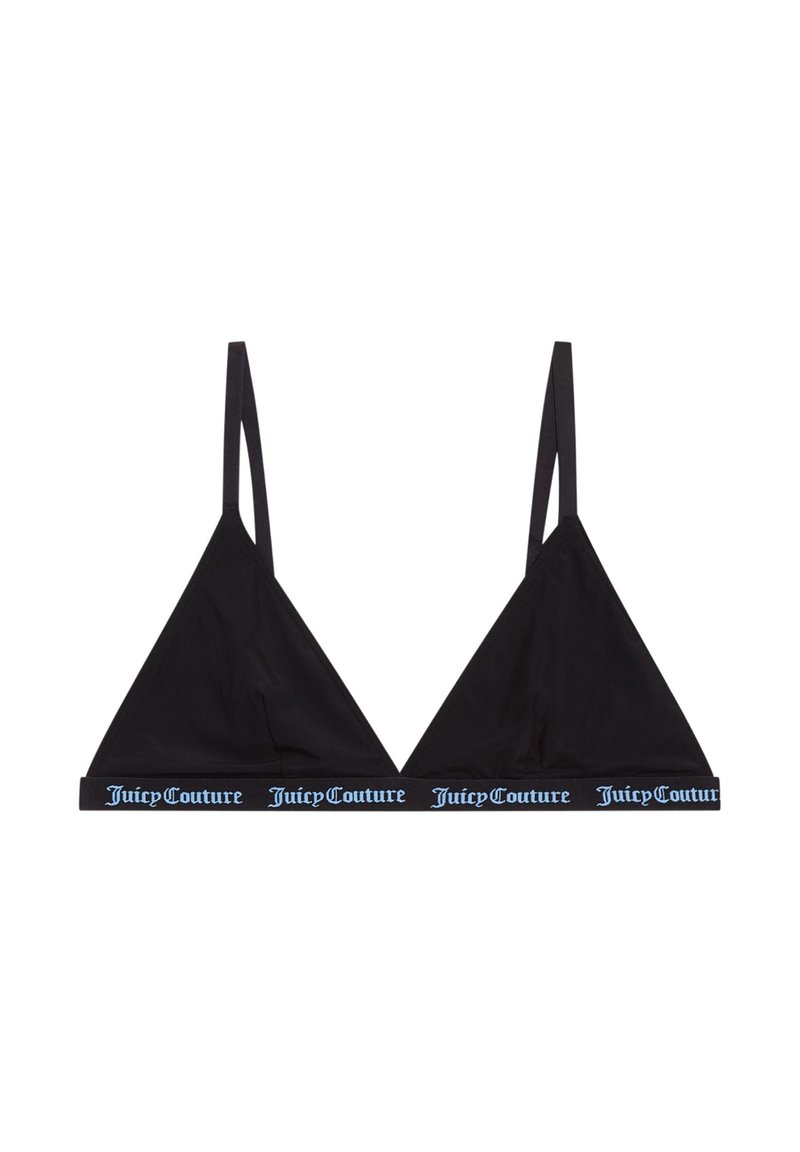 Bralette triangolare nero con spalline sottili e una cintura ampia che presenta il logo blu "Juicy Couture". Realizzato in tessuto morbido e elasticizzato.