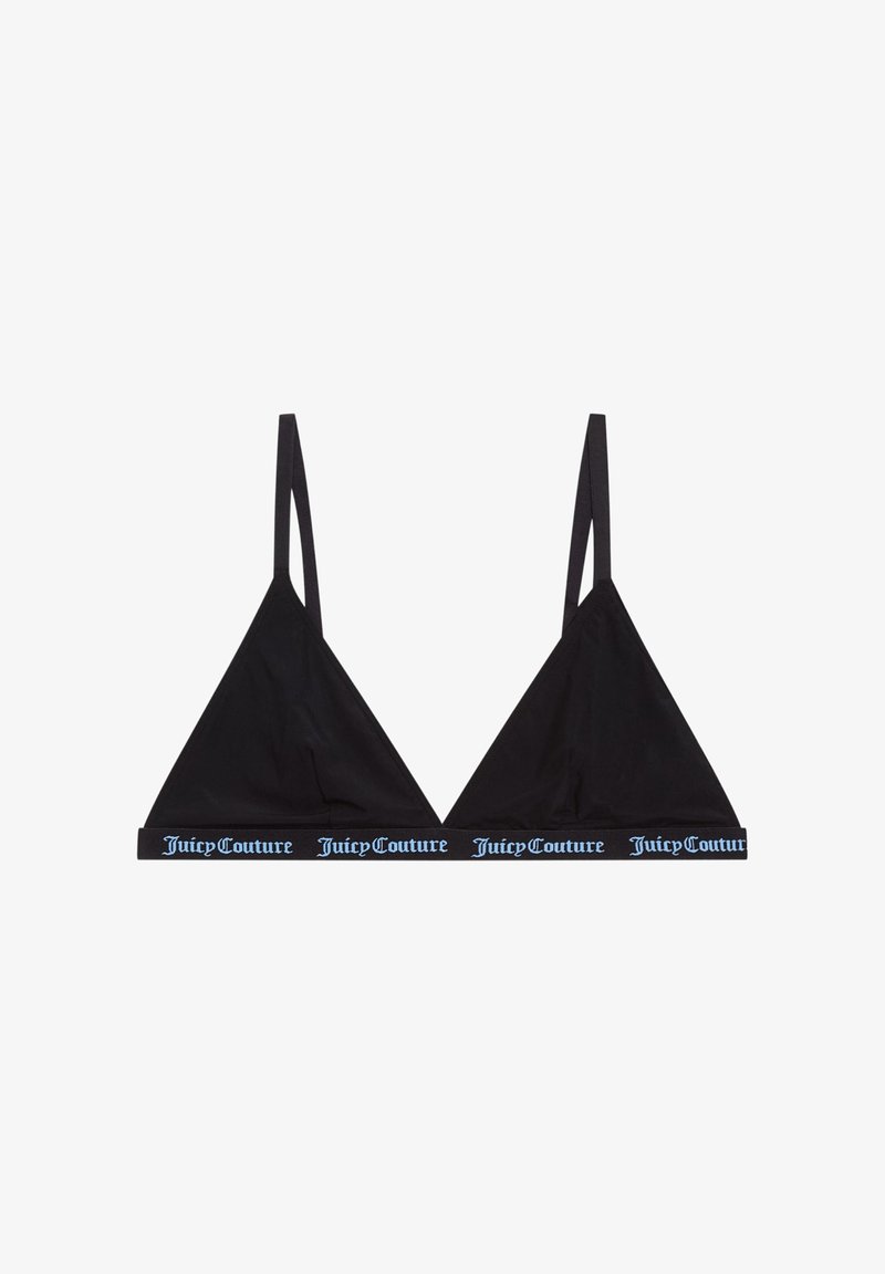 Bralette triangolare nero con spalline sottili e una cintura ampia che presenta il logo blu "Juicy Couture". Realizzato in tessuto morbido e elasticizzato.