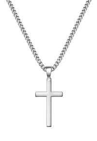 Sølv metal halskæde med en tyk kæde og et slankt, poleret korsvedhæng. Designet er enkelt med en glat, reflekterende overflade.