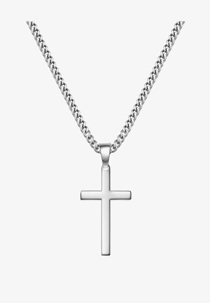 Zilveren metalen ketting met een dikke schakel en een slanke, gepolijste kruis hanger. Het ontwerp is simpel met een glad, reflecterend oppervlak.