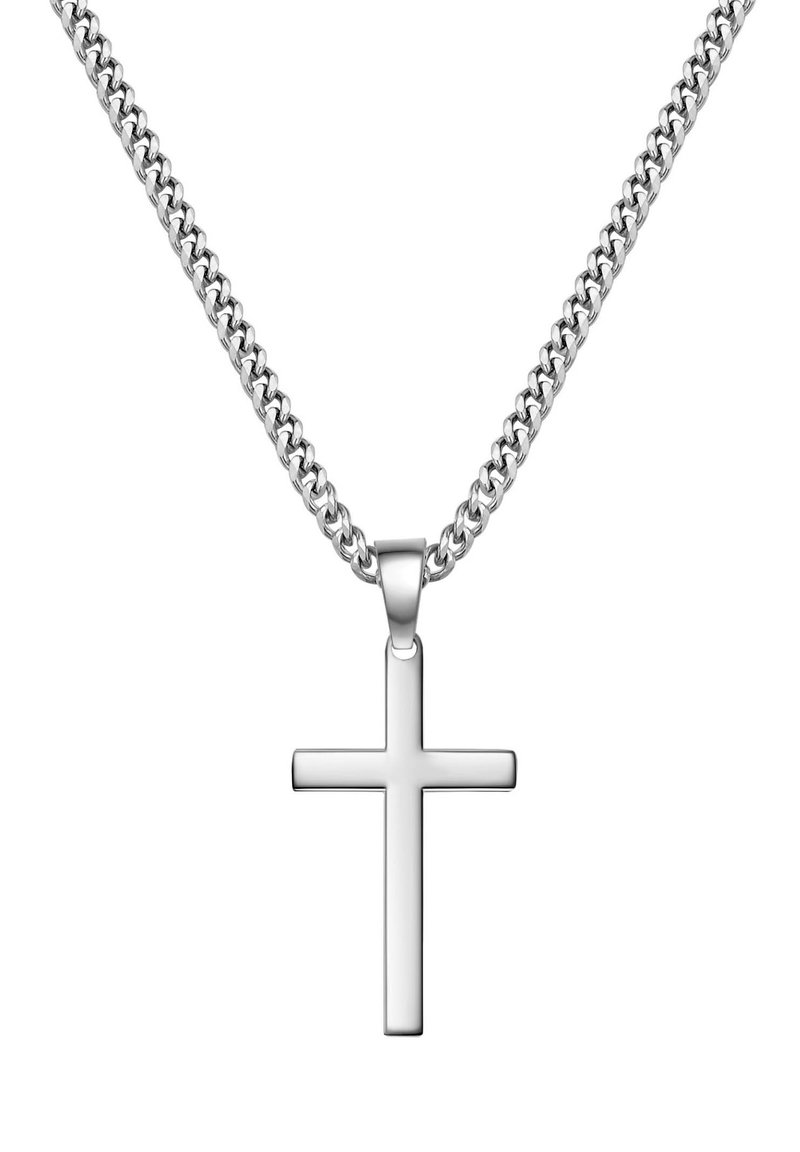 Sølv metal halskæde med en tyk kæde og et slankt, poleret korsvedhæng. Designet er enkelt med en glat, reflekterende overflade.