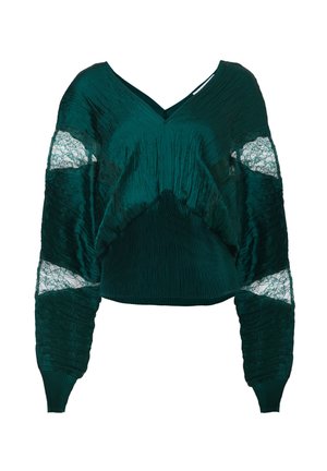 Sweater corto en tono verde azulado con textura pliegues, que cuenta con detalles de encaje en las mangas. Diseño con escote en V y puños y dobladillo acanalados.