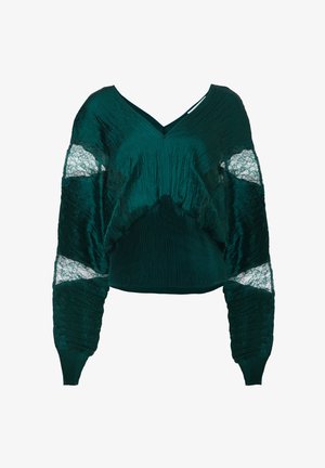 Teal cropped sweater met een geplooide textuur, voorzien van kantdetails bij de mouwen. V-hals ontwerp met geribde manchetten en zoom.