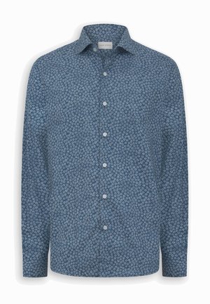 Camicia blu a maniche lunghe con bottoni, decorata con un piccolo motivo floreale bianco e colletto classico.