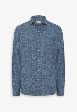 Camisa azul de manga larga con botones, estampado de pequeñas flores blancas y cuello clásico.