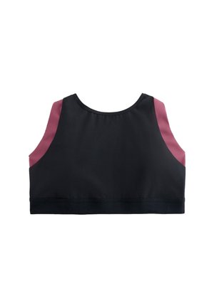 Brassière de sport noire avec des bretelles larges présentant des panneaux rose foncé de chaque côté, et une bande élastique lisse en bas.