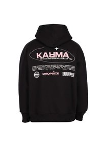 Sweat à capuche noir avec le texte rose "KARMA fais le bien et le bien te suivra", une brève explication du karma, un graphique de globe, un code-barres et le logo "DROPSIZE" au dos.