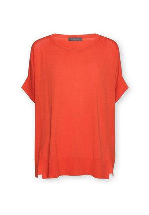 Loszittend oranje gebreid shirt met korte mouwen, ronde halslijn, geribbelde zoom, zijsplitten en een klein merkembleem bij de kraag.