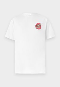 White cotton t-shirt with short sleeves, featuring a circular graphic in pink and yellow reading "SANTA CRUZ" on the left chest area.