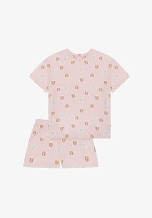 Weiches, kurzärmeliges Hemd und Shorts in zartem Rosa mit einem Muster aus kleinen, mehrfarbigen, abstrakten Regenbogenformen, die gleichmäßig verteilt sind.