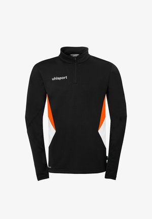 Zwarte sportpullover met lange mouwen en kwartrits, wit "uhlsport"-logo op de borst, en oranje en witte panelen aan de zijkanten.