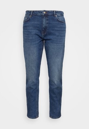 Herre slim-fit mørkeblå denimjeans med knap- og lynlåslukning foran, fem-lomme design og diskrete falmede detaljer.