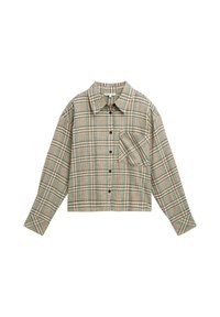 Camicia a quadri tagliata in tonalità beige e verde, con chiusura a bottoni, colletto ampio e taschino sul lato sinistro del petto.