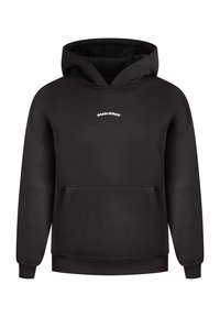 Felpa nera con cappuccio realizzata in tessuto morbido, dotata di una tasca frontale, polsini a costine e un logo bianco sul petto. Design semplice.