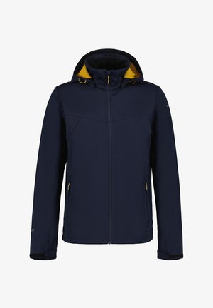 Navy waterproof jacket with a yellow-lined hood, zippered front, two side pockets, and elastic cuffs for a snug fit.