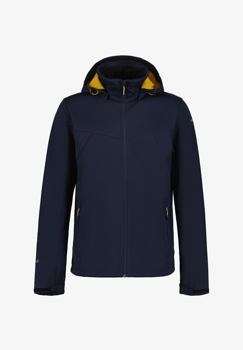 Navy waterproof jacket with a yellow-lined hood, zippered front, two side pockets, and elastic cuffs for a snug fit.